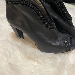 Low heel open toe booties with zipper on back